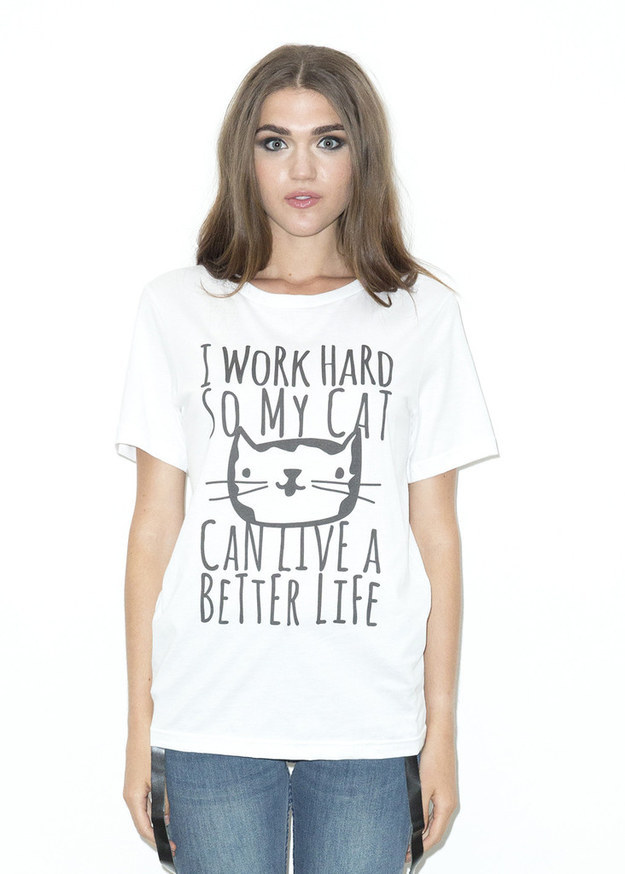 Надпись: "Я тяжело работаю, поэтому у моего котика хорошая жизнь"