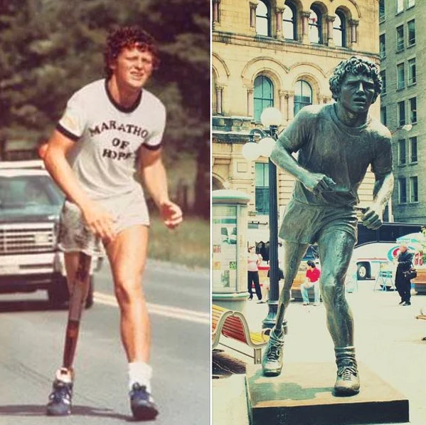 Терри Фокс бежал марафон 143 дня через всю Канаду с целью сбора пожертвований на борьбу с раком пока не умер