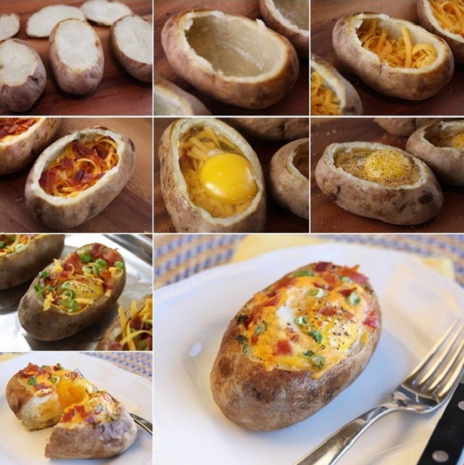 Печеная картошка с овощами, сыром и яйцом.