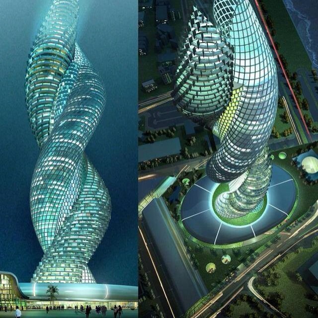 Спиральный небоскрёб в Кувейте. Его возведение запланировано на 2030 год. Общая площадь строения составит около 1,2 тыс. гектар.