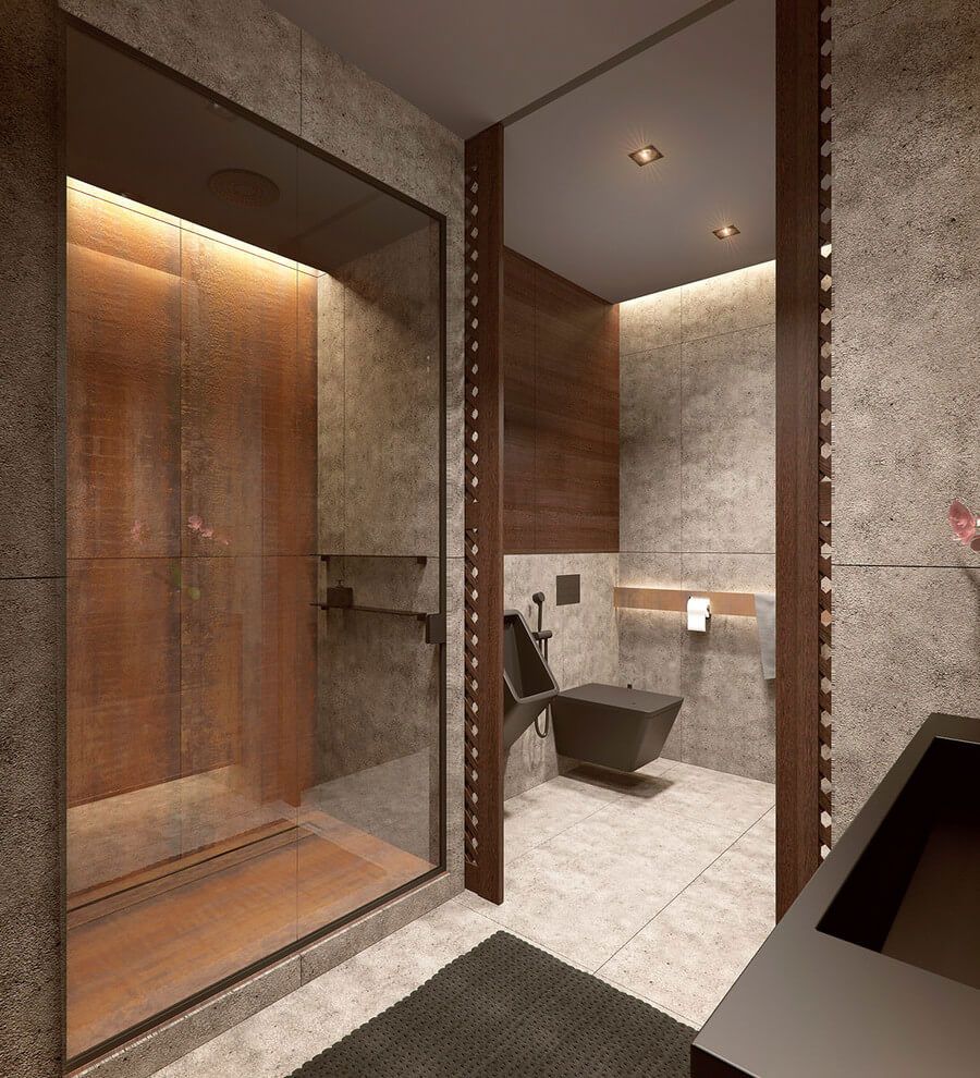 Ванная комната и кухня также в темных тонах, выдержана в стиле минимализма.