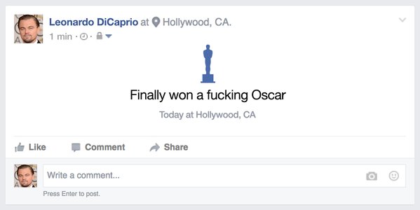 Запись на НЕ настоящей странице Ди Каприо: наконец-то выиграл долбаный Оскар